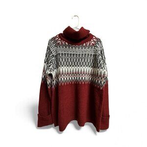 JohnPaulRichard Fair Isle Turtleneck Sweater XL Burgundy Black White Cozy Winter